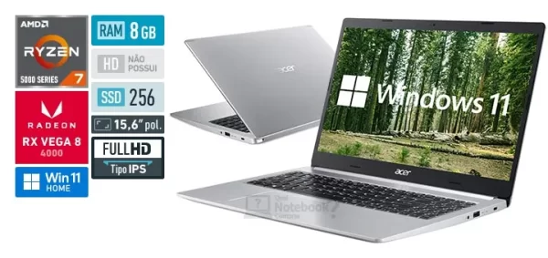 Notebook Acer Aspire 5 Ryzen 7-5700U, 8GB RAM, 256GB SSD NVMe, Tela 15.6 IPS Full HD, Windows 11 Home, Prata - A515-45-R760